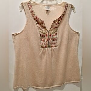 Knox Rose Embellished V-Neck Sleeveless Ladies 1X Gauzy Lightweight Soft Tan Top